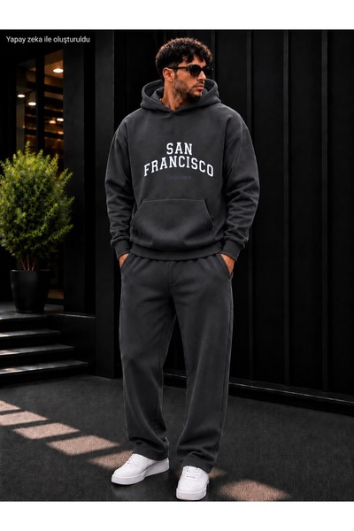 caddekombin Men's San Francisco Stretchy Lettered Sweatpants Set / Hooded Swe...