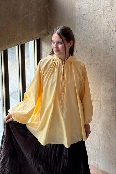 fayaboutique.com Balon Kol Sarı Thalia Keten Bluz