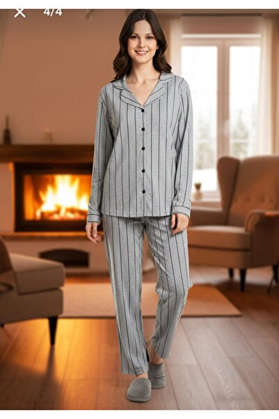 Jessi Front Buttoned Striped Cotton Pajama Set