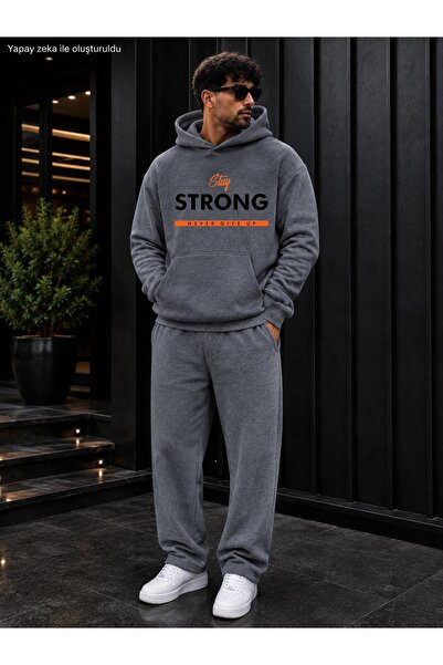 caddekombin Men's Stay Strong Printed Tracksuit Set / Hooded Sweatshirt with ...