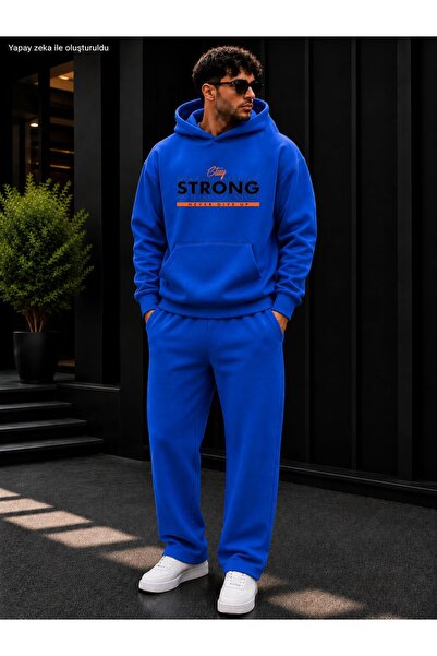 caddekombin Men's Stay Strong Printed Tracksuit Set / Hooded Sweatshirt with ...