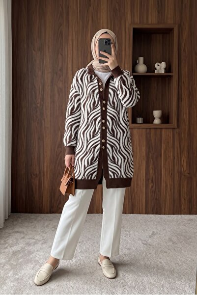 MODAQU Cardigan lung din tricotaj cu nasturi cu model zebră - maro