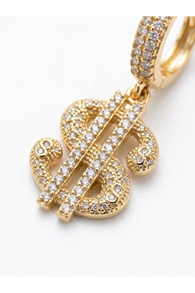 Dolar Işaretli Sallantılı Küpe Beyaz Zirkon Taşlarla Süslenmiş 3.8 Cm