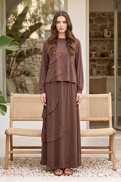 Lale Butik Tunic with Stone and Cut Fabric Detail Skirt Set 26143 Brown