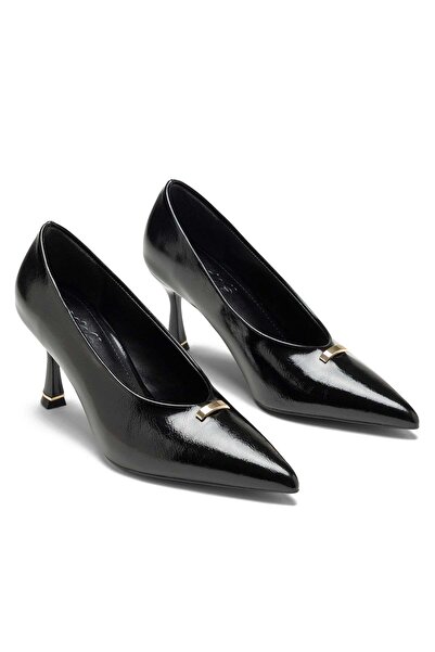 Dedos Women's Short Heeled Buckle Pointed Toe Black Wrinkled Patent Leather S...