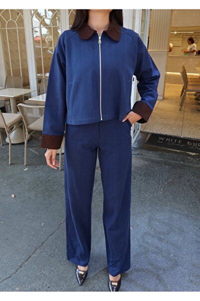 franky B Women's Navy Blue Brown Contrast Collar Zippered Short Jacket