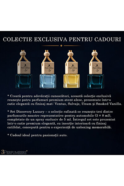 3Perfumeers NOU! Set de Odorizante Auto Premium, 3Perfumeers, Ventus, Salvaje, Smoked Vanilla, UNUM, 8 + 8 + 8 + 5 ml, 0% Alcool, durata 45-60 zile/sticluta
