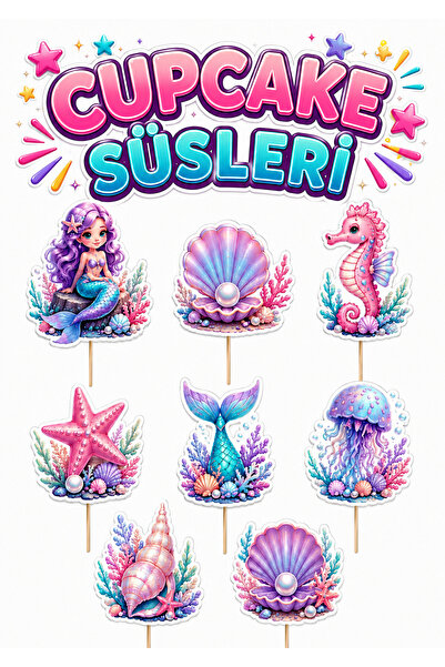 telaşe memuru Deniz Kızı 8 Adet Cupcake Pasta Süsü - Deniz Kızı Temalı Kürdan...