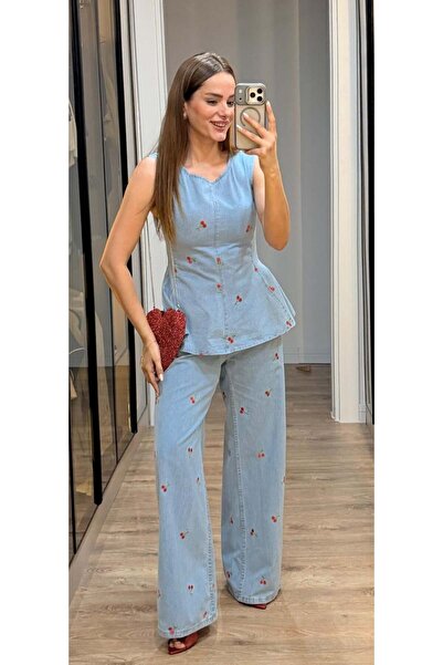 pelin yıldız butik Mavi Cherry Nakış İşlemeli Tensel Denim Takım