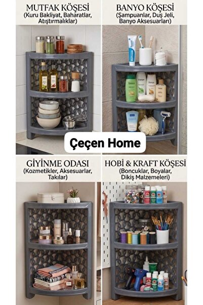 ÇEÇEN HOME (Genşlik:34 uzunluk: 49 cm)3 Katlı Plastik Köşe Rafı Çok Amaçlı Ba...