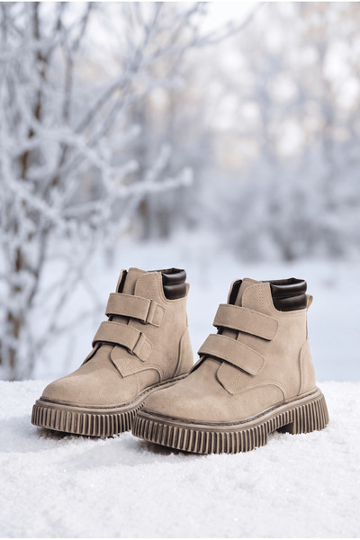 Tonny Black Çocuk Unisex Bej Rahat Kalıp Termo Taban Çift Cırtlı Bot
