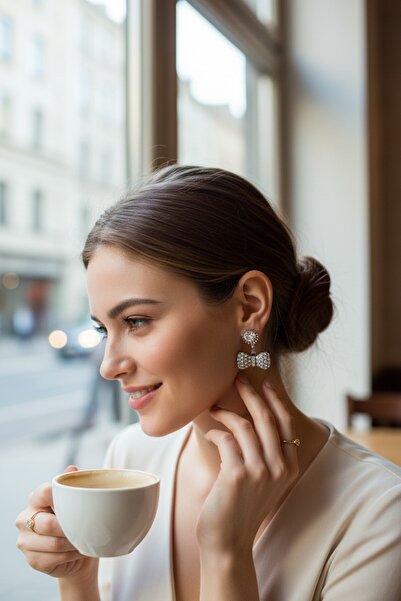 Burjalo White Color Stone Bow Tie Model Women's Bijouterie Earrings 130707