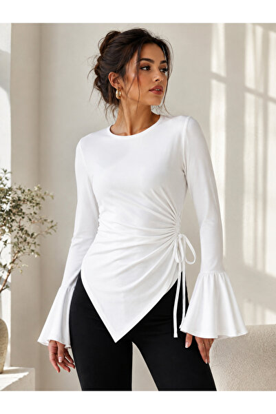 MASİON VESSAİRE White Round Neck Drape Detailed Spanish Sleeve Hijab Compatib...