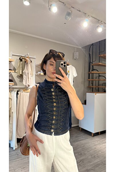 Genel Markalar Düğmeli Dikiş Detaylı Denim Yelek