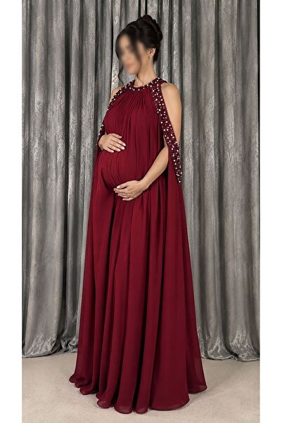 ELORA FASHION فستان أمومة برغندي كيب مطرّز