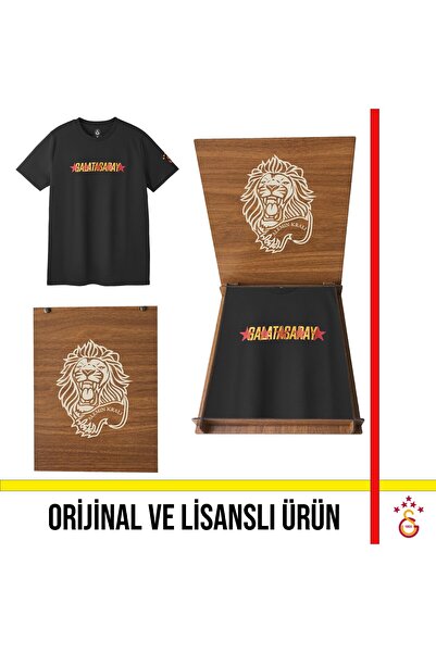 Galatasaray Licensed Text Detailed Black T-Shirt with Lion Wooden Box E261042
