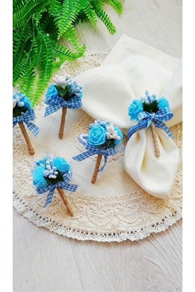 DİGGO Blue Rose Bunch Checked Ribbon 6-Piece Napkin Ring Ring
