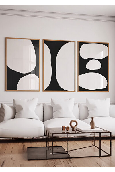 NT Handmade Natural Wood Framed Set of 3 Black and White Abstract Modern Mini...
