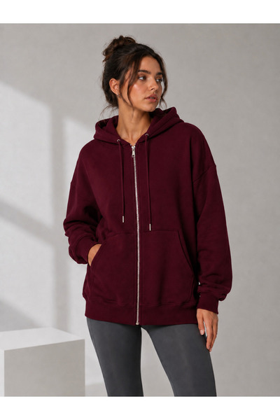 BEYUSİRA Kadın Oversize Kapüşonlu Fermuarlı Kanguru Cepli Sweatshirt