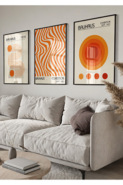 NT Handmade Natural Wood Framed Set of 3 Bauhaus Retro Orange Geometric Paint...