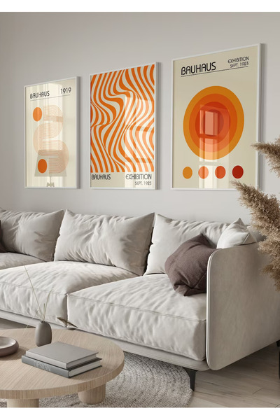 NT Handmade Natural Wood Framed Set of 3 Bauhaus Retro Orange Geometric Paint...