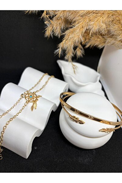 ZEYKU ACCESSORİES Gold Color Dreamcatcher Detailed Chain Bracelet and Leaf Mo...