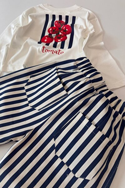 NOBLEKIDS Erkek Çocuk Domates Baskılı Sweatshirt ve Çizgili Gabardin Pantolon