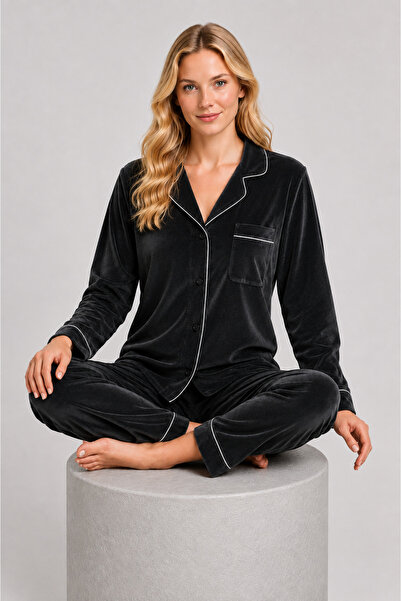 Pijamask Kadın Siyah Kadife Düğmeli Uzun Kollu Pantolonlu Pijama Takımı