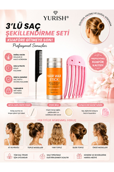 YURISH 3’lü Saç Şekillendirme Seti Stick Wax, Metal Saplı Krepe Tarak ve 6 Dişli Pembe Renk Kore Hacim Tarağı
