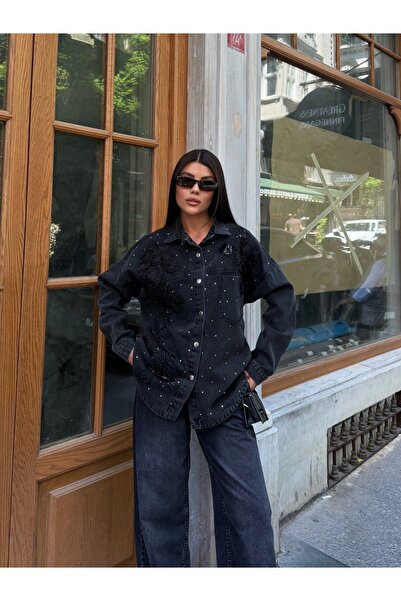 franky B Women's Black Floral Appliqué Stone Detailed Oversize Denim Shirt