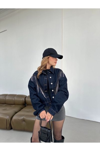 franky B Women's Navy Blue Stone Tassel Detailed Denim Jacket