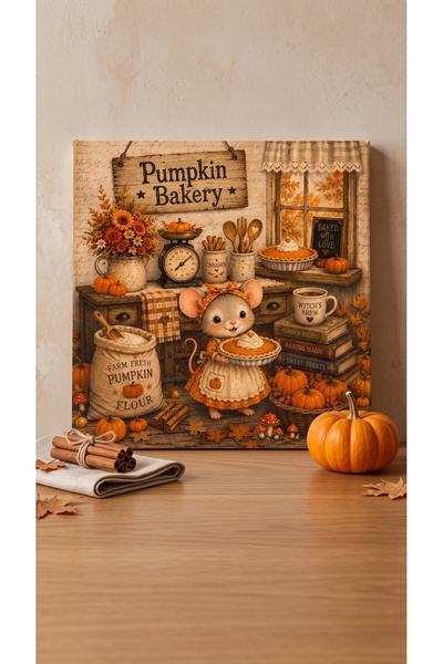 AlohamoraShop 20x20 cm Sonbahar Temalı Pumpkin Bakery Fareli Premium Canvas T...