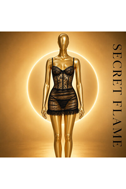 Dantelli Balenli Korse Görünümlü Büzgülü Tül Babydoll ve String 2’li Takım