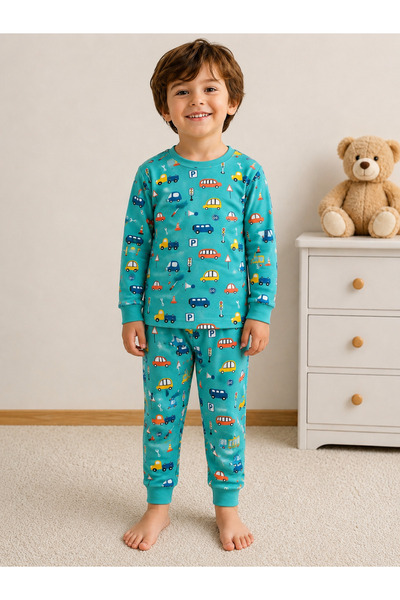 Turuncu kids Erkek Çocuk Su Yeşili İş Makineleri Desenli Uzun Kollu Pijama Ta...