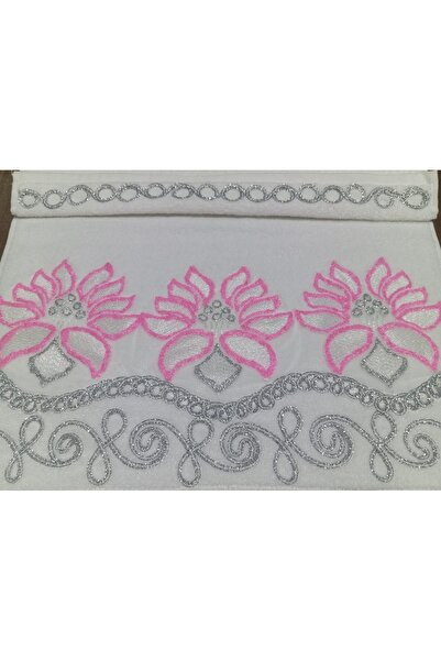 Simli Çiçek İşlemeli 50x90 cm El ve Yüz Havlusu Beyaz Turuncu Gümüş