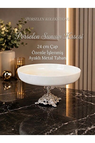 Sillage Home Gümüş Lüks Metal Ayaklı Porselen Sunumluk & Meyvelik 24 cm
