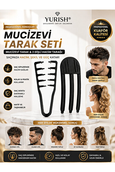 YURISH Mucizevi 2’li Hacim Tarak Seti 3 Dişli Kore Hacim Tarağı Saç Kökü Kaldırma Şekillendirici Tarak
