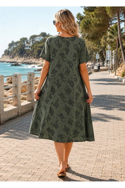 moonra collection Khaki Ethnic Pattern Midi Trend Standard Dress
