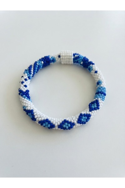 GENCATELİER Handmade Prison-Style Blue and White Beaded Knitted Bracelet Inner Diameter: 5.5 cm