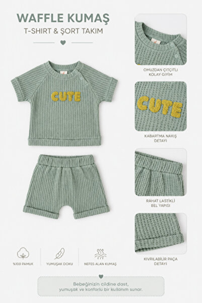 NOBLEKIDS Baby Boy Waffle Fabric Set with Embroidery, 2-Piece Set, Mint Green