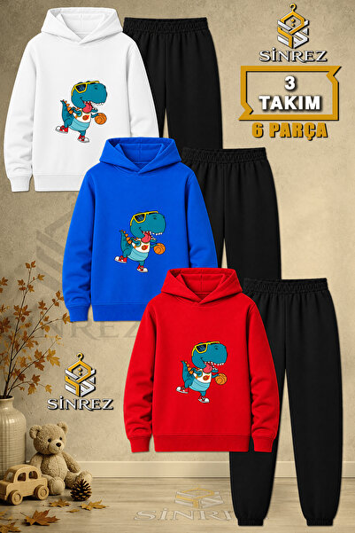 SİNREZ Children's Unisex 3Lu Dino Basketball Printed Hooded Tracksuit Set