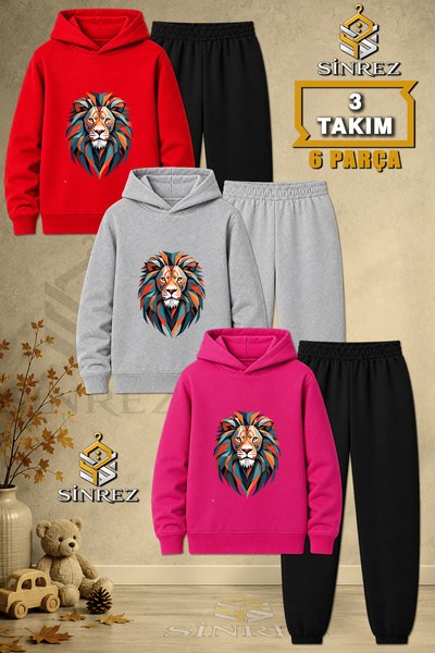 SİNREZ Children's Unisex 3Lu Lion Geo Face Printed Hooded Tracksuit Set