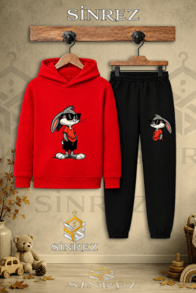 SİNREZ Children's Unisex Hooded Tracksuit Set with Glasses and Rabbit Print