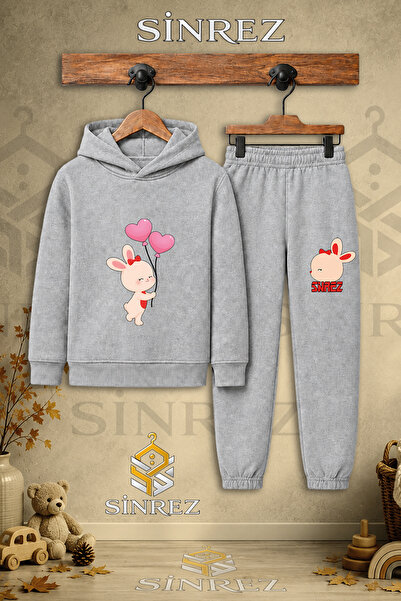 SİNREZ Children's Unisex Single Rabbit Heart Balloon Printed Hooded Tracksuit...