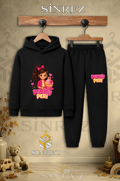 SİNREZ Children's Unisex Single-Piece Pink Fairy Cake Printed Hooded Tracksui...