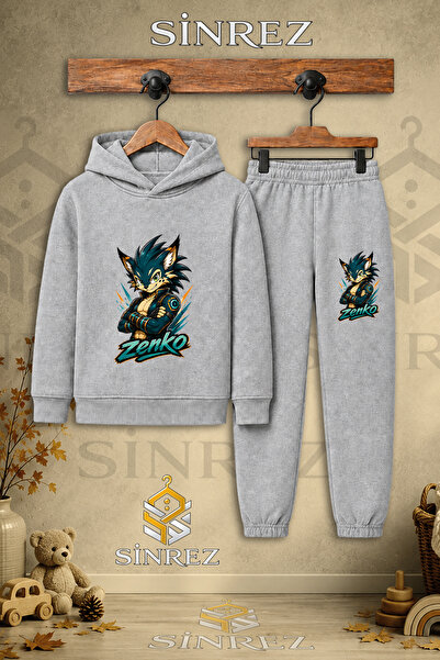 SİNREZ Children's Unisex Single Zenko Sleeves Tied Printed Hooded Tracksuit Set