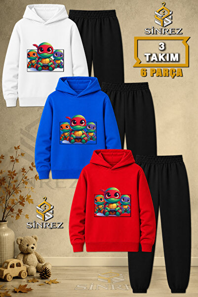 SİNREZ Children's Unisex 3Lu Turtle Printed Hooded Tracksuit Set with Square ...