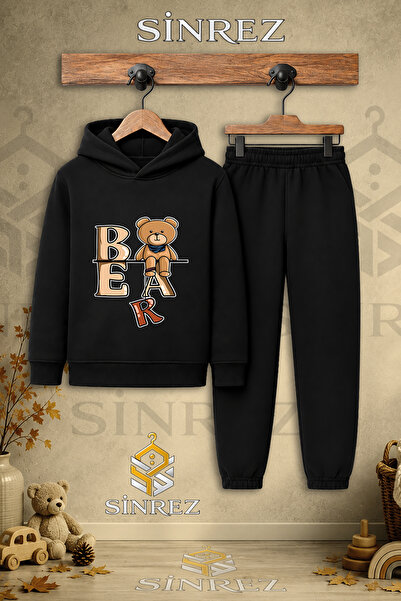 SİNREZ Children's Unisex Single Bear Printed Hooded Tracksuit Set