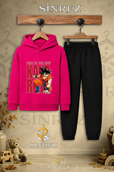 SİNREZ Children's Unisex Single Goku Hooded Tracksuit Set with Back Lettering...