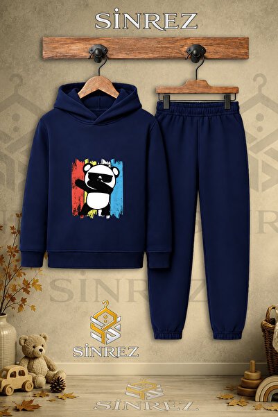 SİNREZ Children's Unisex Single Panda Glasses Hooded Sweatshirt Set with Colo...